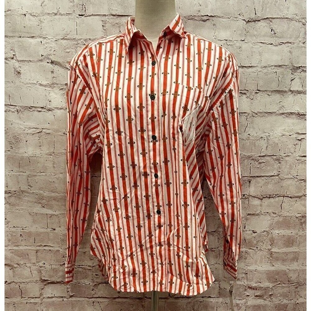 Vintage 80s DOCKERS Shirt Button Up Womens M Western Print Orange Red Stripe